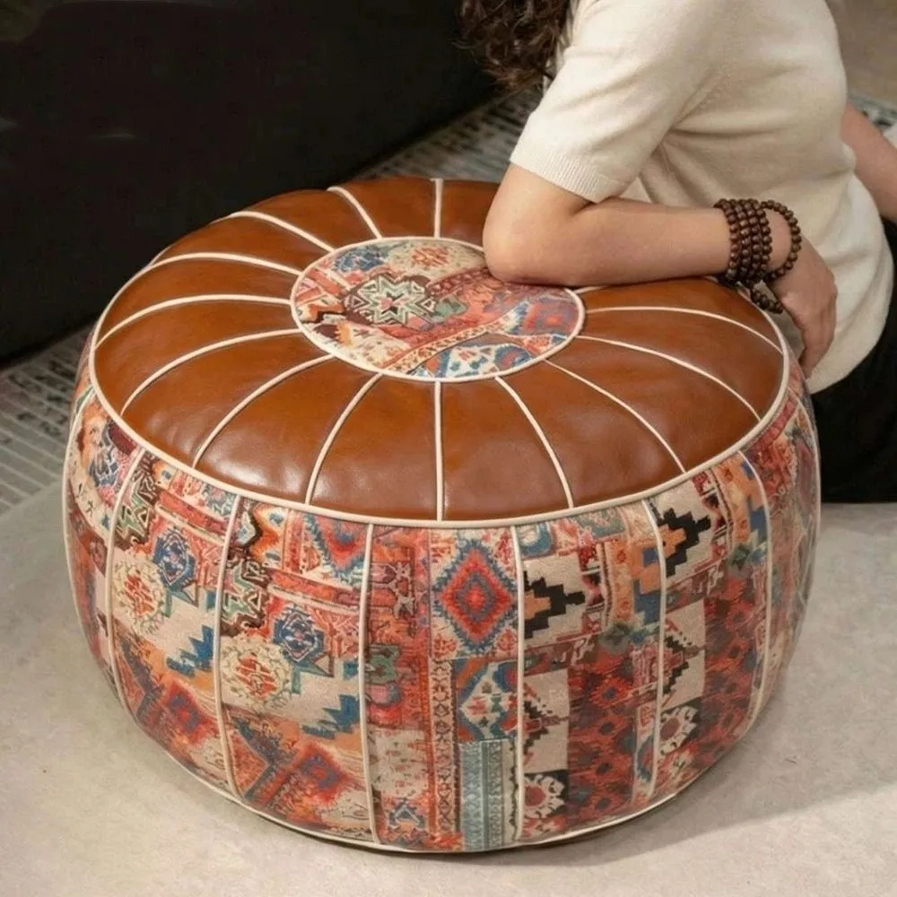 Leather Boho Seat Cushion Cover Embroider Craft Unstuffed Sofa Stool Cover Waterproof Large Capacity Storage Leg Bench