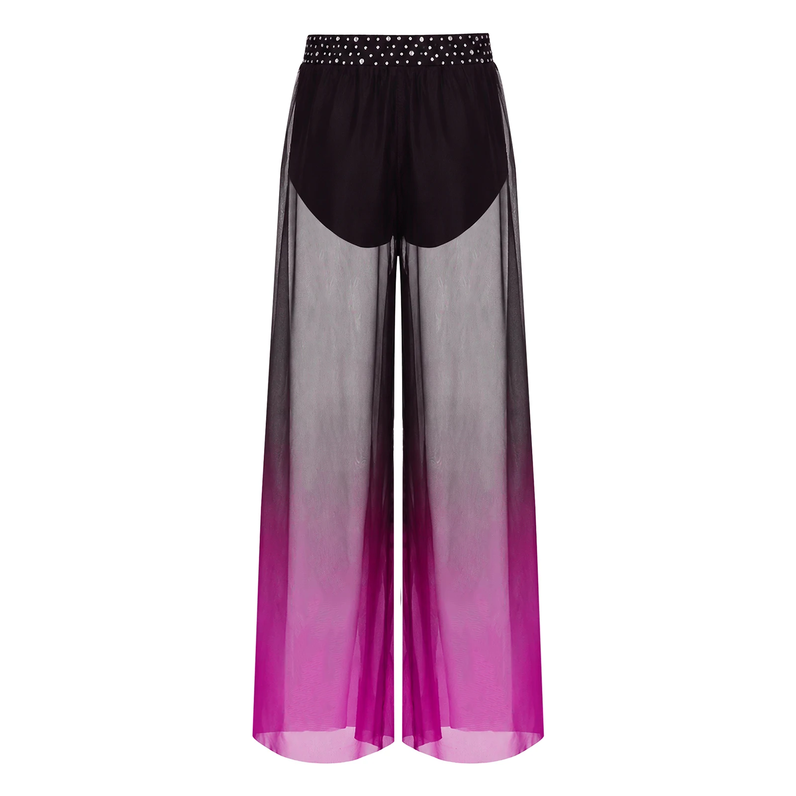 Kids Girls Lyrical Dance Costume Pants V-front Shiny Rhinestone Modern Dancewear Side Slit Wide-leg Gradient Color Mesh Pants
