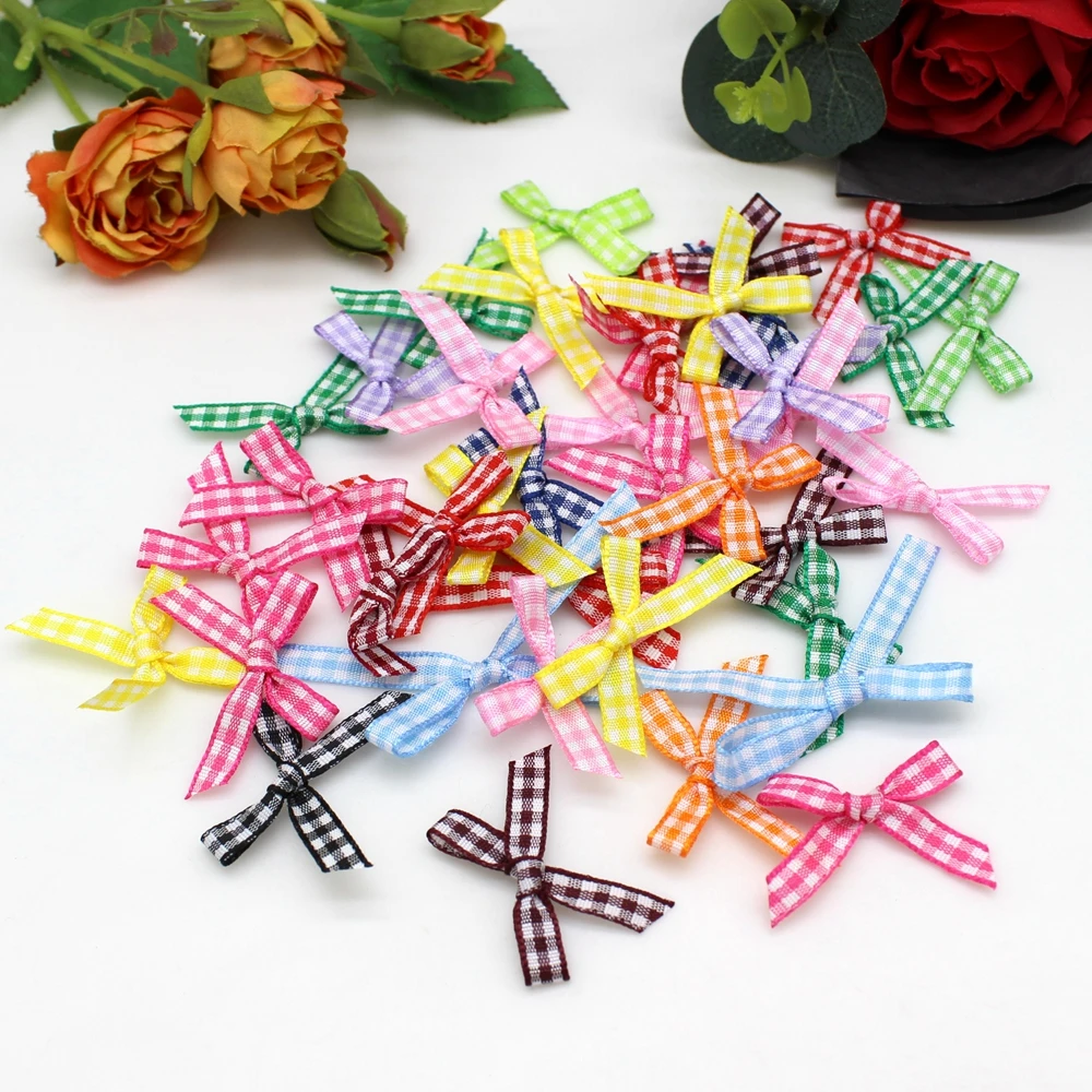 100 Pcs/pack 3.5cm Checkered Bow tie Mini Ribbon Christmas Bow Wedding Candy Box Packaging Festival Party Decoration