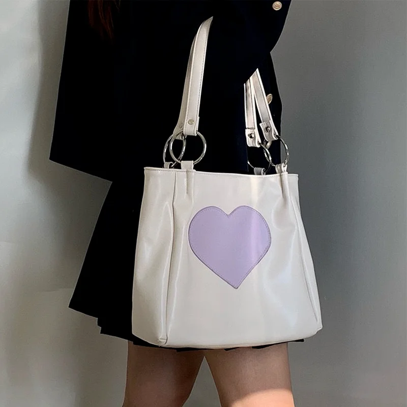 Harajuku Kawaii Shoulder Bag Women Japanese Cute Heart Lolita Tote Bag Ladies Handbags  Big Shopper with Zipper