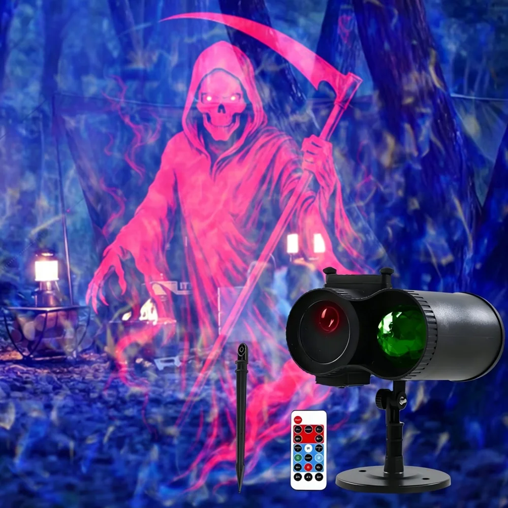 屋外用防水ウォーターリップルプロジェクターライト、ハロウィーン用、動くスカルと幽霊の模様、地面に差し込んで使用するランプ、庭や芝生、ホリデー用。