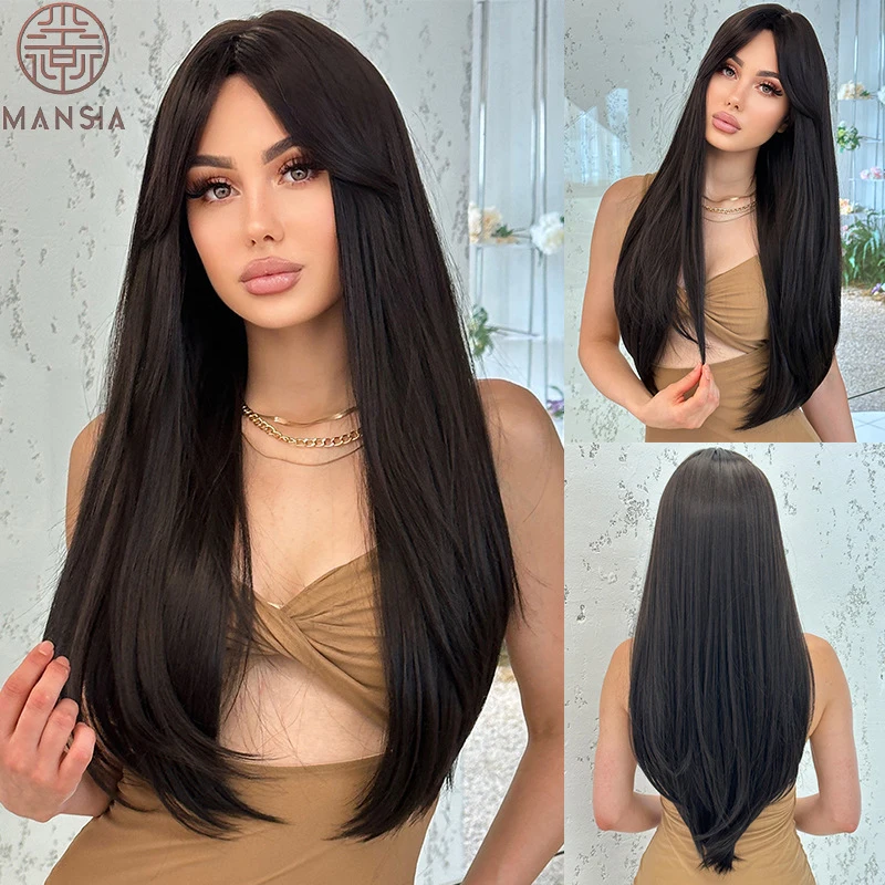 Women's Fashionable Round-Faced Layered Black Wig with Long Straight Bangs and Matte Silk Hairpiece