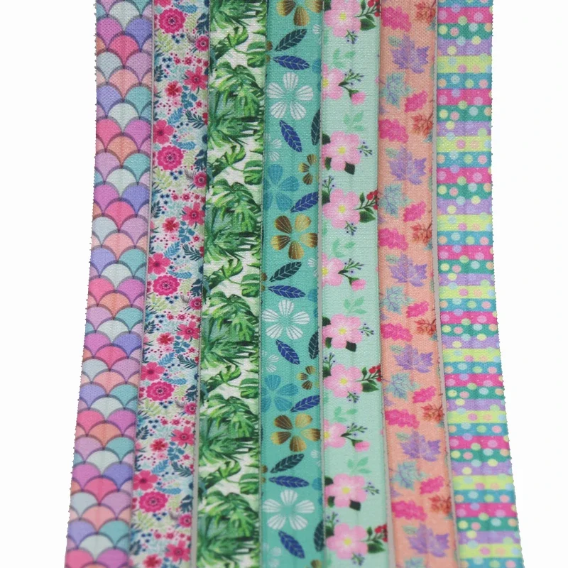 5/8'' 5yards flowers leaf fish scale printed Fold Elastic FOE stretch ribbon hairbow headwear headband DIY OEM E18720
