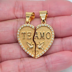 High Quality Gold Color Clear Cubic Zirconia Two Pieces Doves TE AMO Lovers Hearts Pendants Jewelry