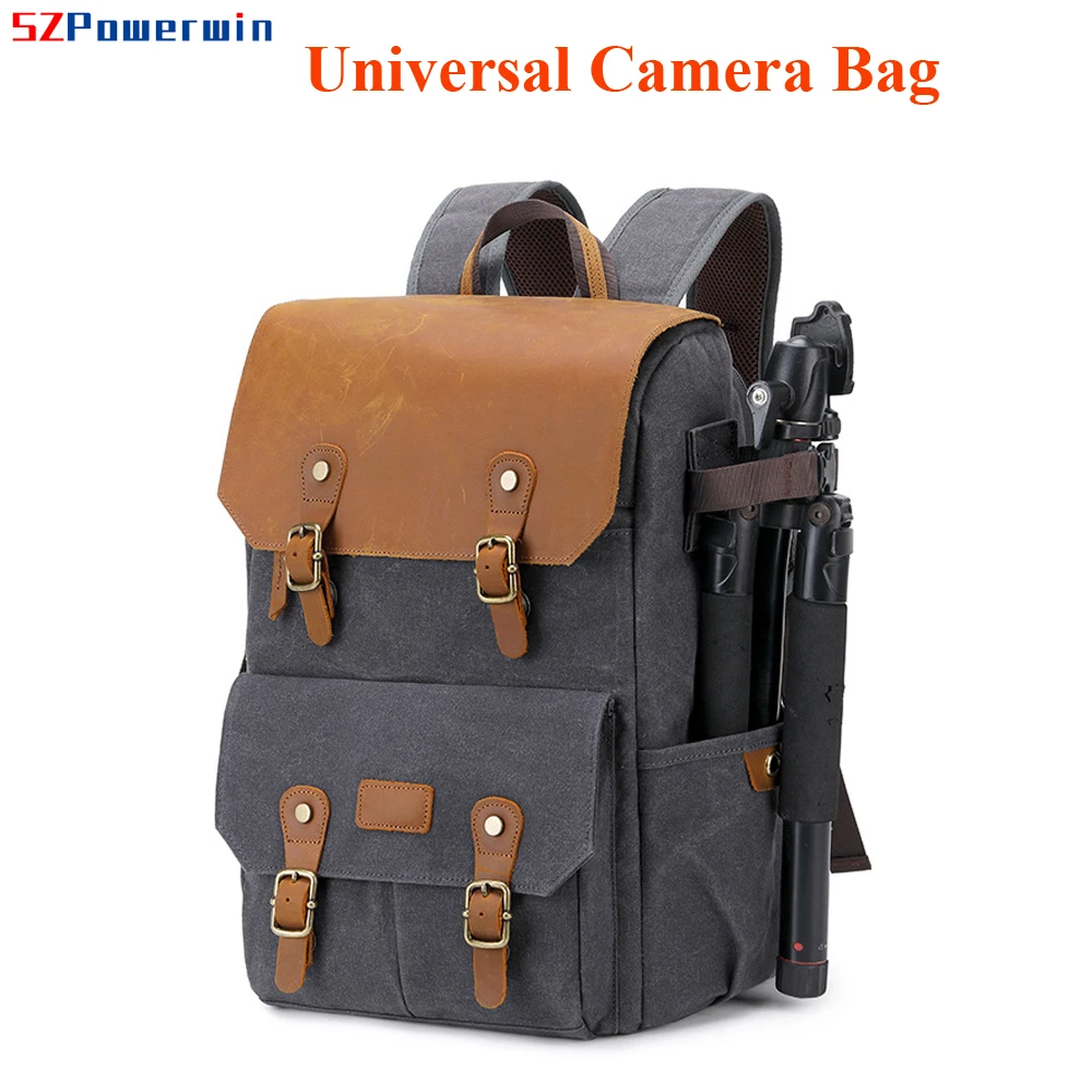 Imagem -06 - Powerwin Impermeável Dslr Slr Câmera Bolsa de Couro Cavas Anti-roubo Mochila para Lente Drone Computador Tripé Monopé Flash Carregador