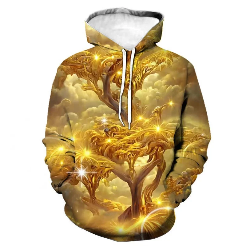 3D Printed Golden Stacking Hoodies For Men Fashion Pattern Pullovers Casual Hooded Long Sleeves Oversized Tops Sweatshirts