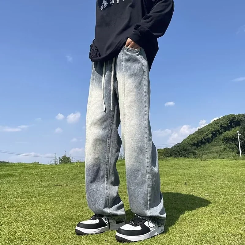 가을 한국 패션 남성용 헐렁한 청바지 클래식 드로우 스트링 스트레이트 와이드 레그 데님 바지 캐주얼 Y2K 빈티지 진 바지
