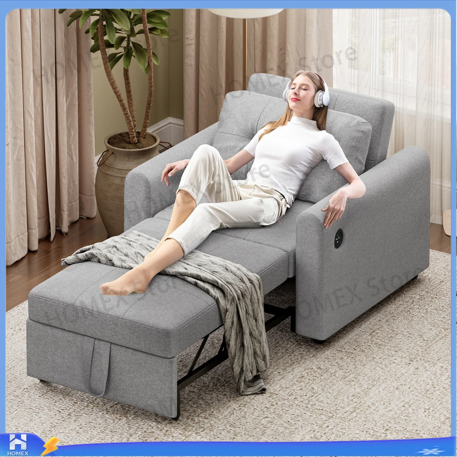 Space‑Saving 3‑in‑1 Convertible Single Sleeper Chair, Pull Out Linen Sofa Bed with USB & Type‑C Ports and Side Pocket