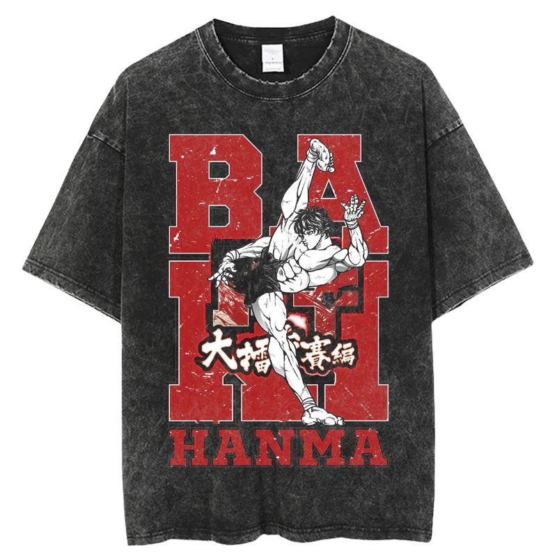 New Harajuku Vintage Washed T-shirt Anime Grappler Baki Kyokudai taikai Casual O-Neck Streetwear Short Sleeve Unisex T-Shirt