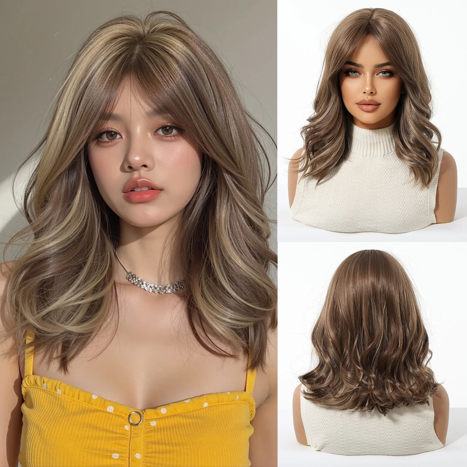 

Short Wavy Wigs Honey Brown Synthetic Wig with Medium Part Bangs Cosplay Daily Lolita Curly Hair Wigs for Women Heat Resistant
