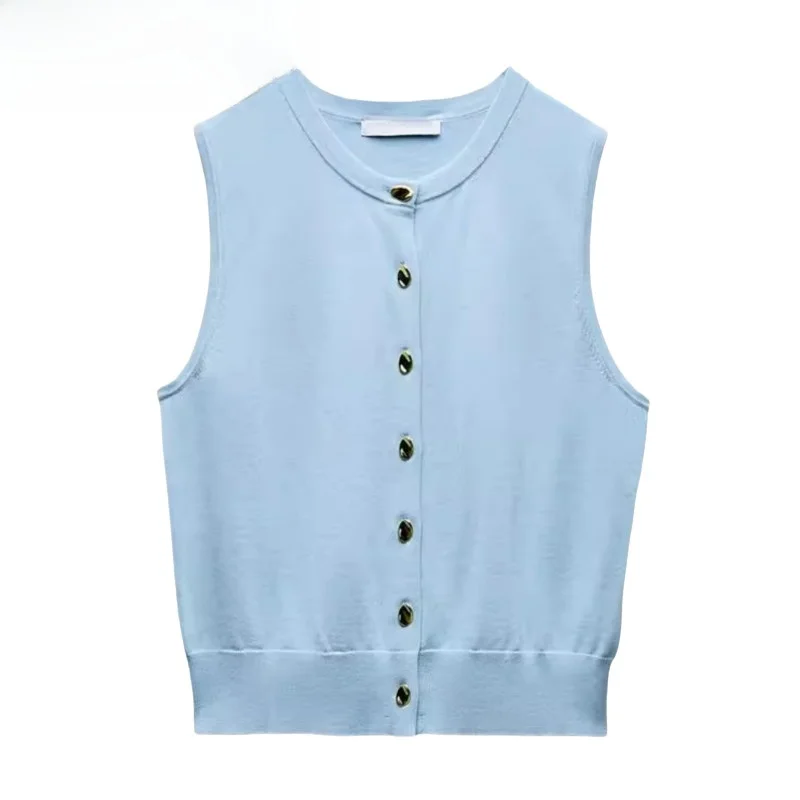 

New Autumn Winter Women's round Ne Svel Gold Button Embellied Flat Needle Cotton Vest Top Sweet Sle 2024