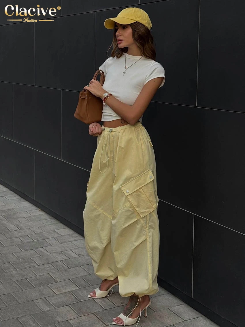 Clacive Fashion Loose Yellow Cotton Women's Pants Casual High Waist Wide Trousers Elegant Classic Pockets Pants Female Clothing