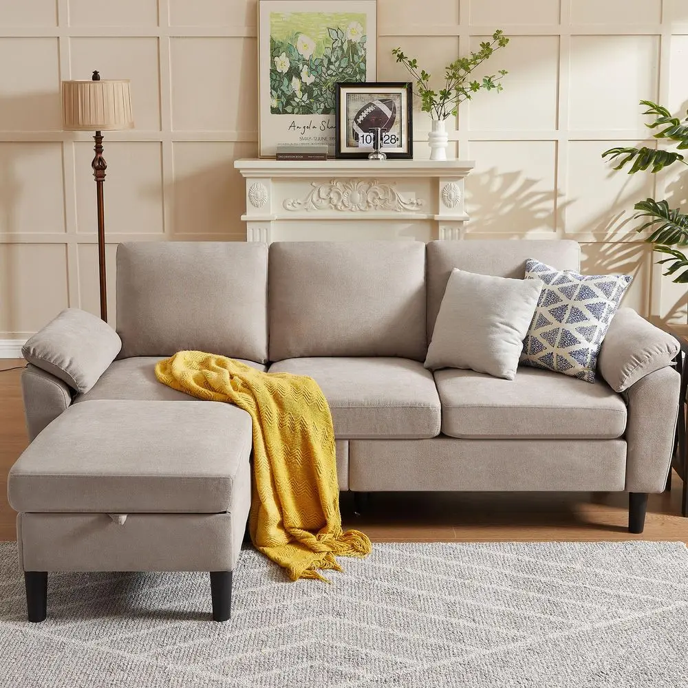 

Convertible Sectional Sofa, Modern Linen Small L Shaped Couch with Reversible Chaise and Storage Ottoman, 3Seat Sofa Couches fo