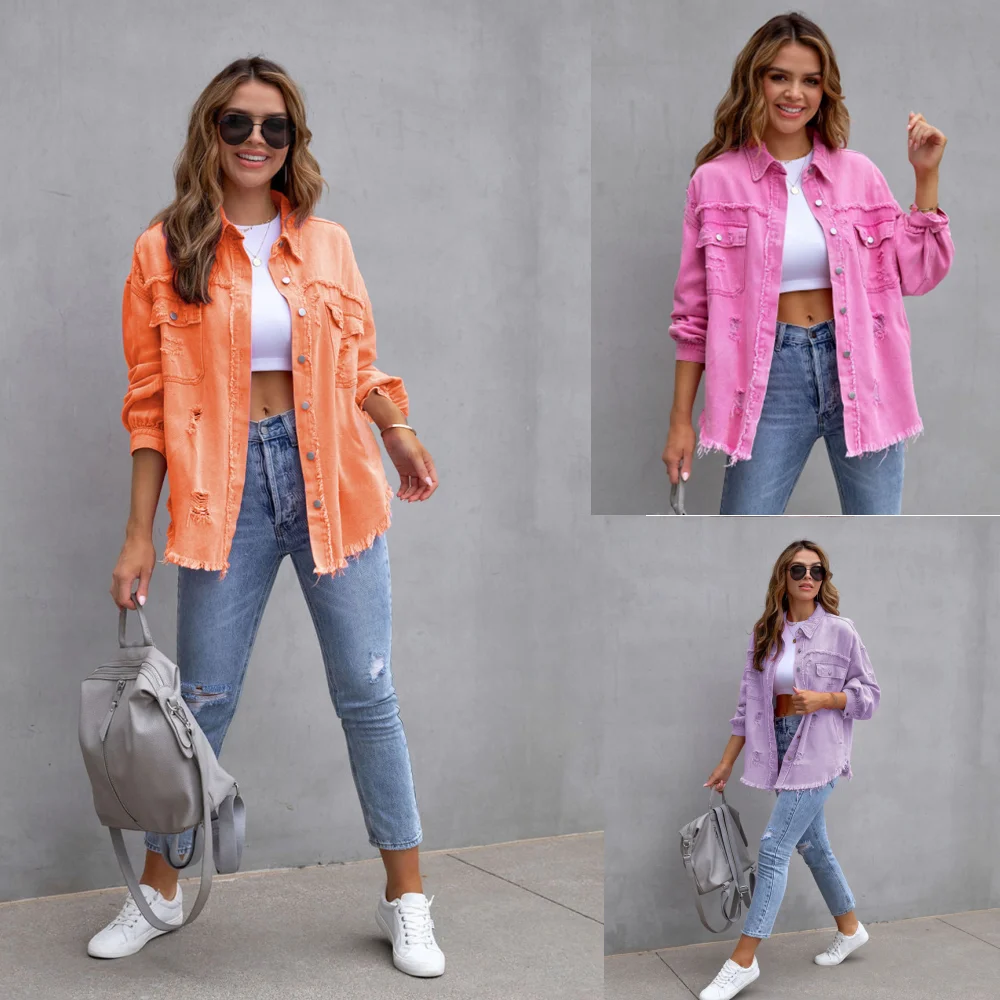 

Fashion Sweet Color Splicing Pocket Denim Jacket Female Streetwear Lapel Long Sleeves Single-breasted Cardigan Loose Women Coat