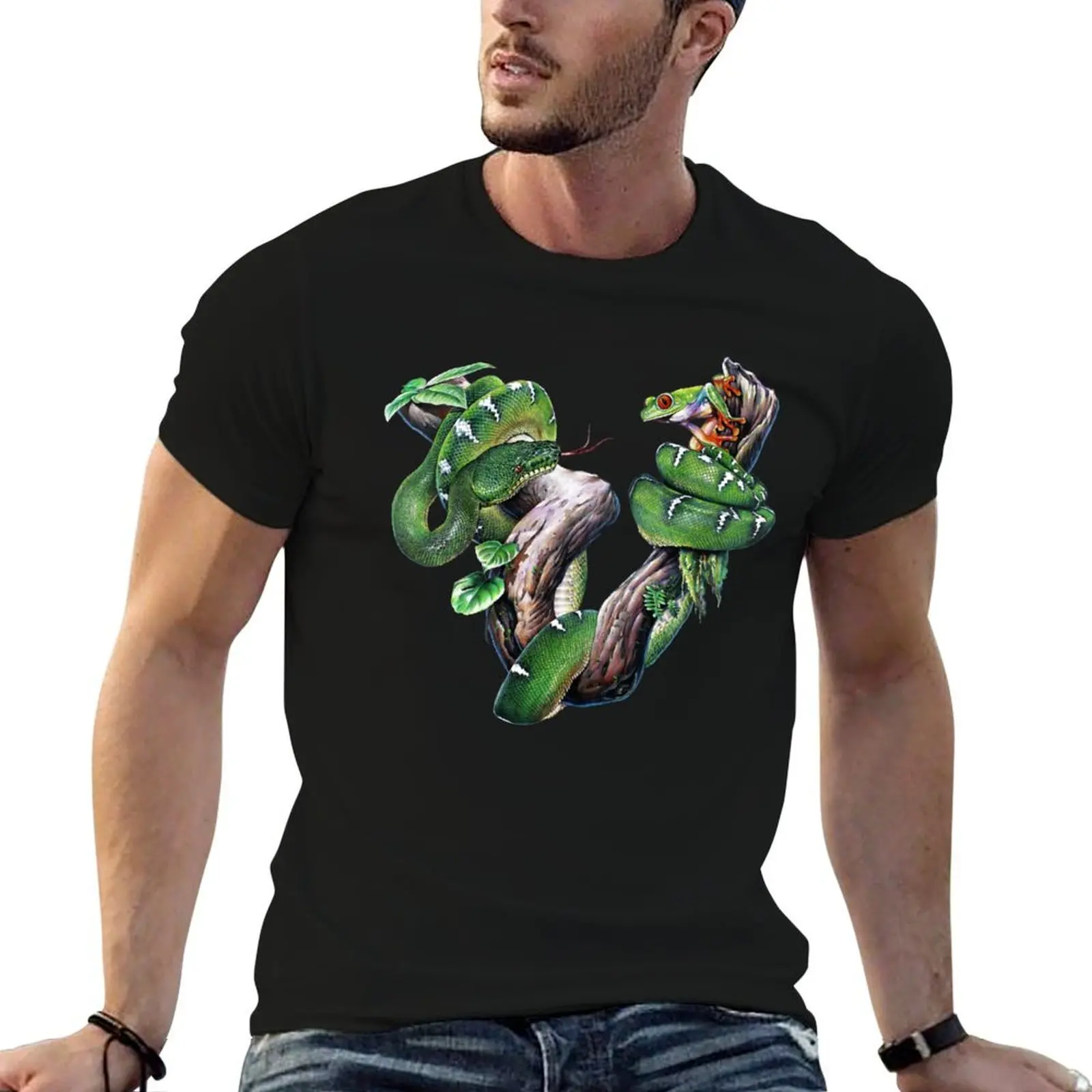 Tree Frog and Emerald Tree Boa T-Shirt graphic t shirt vintage shirts graphic tees t shirt men 100℅ cotton