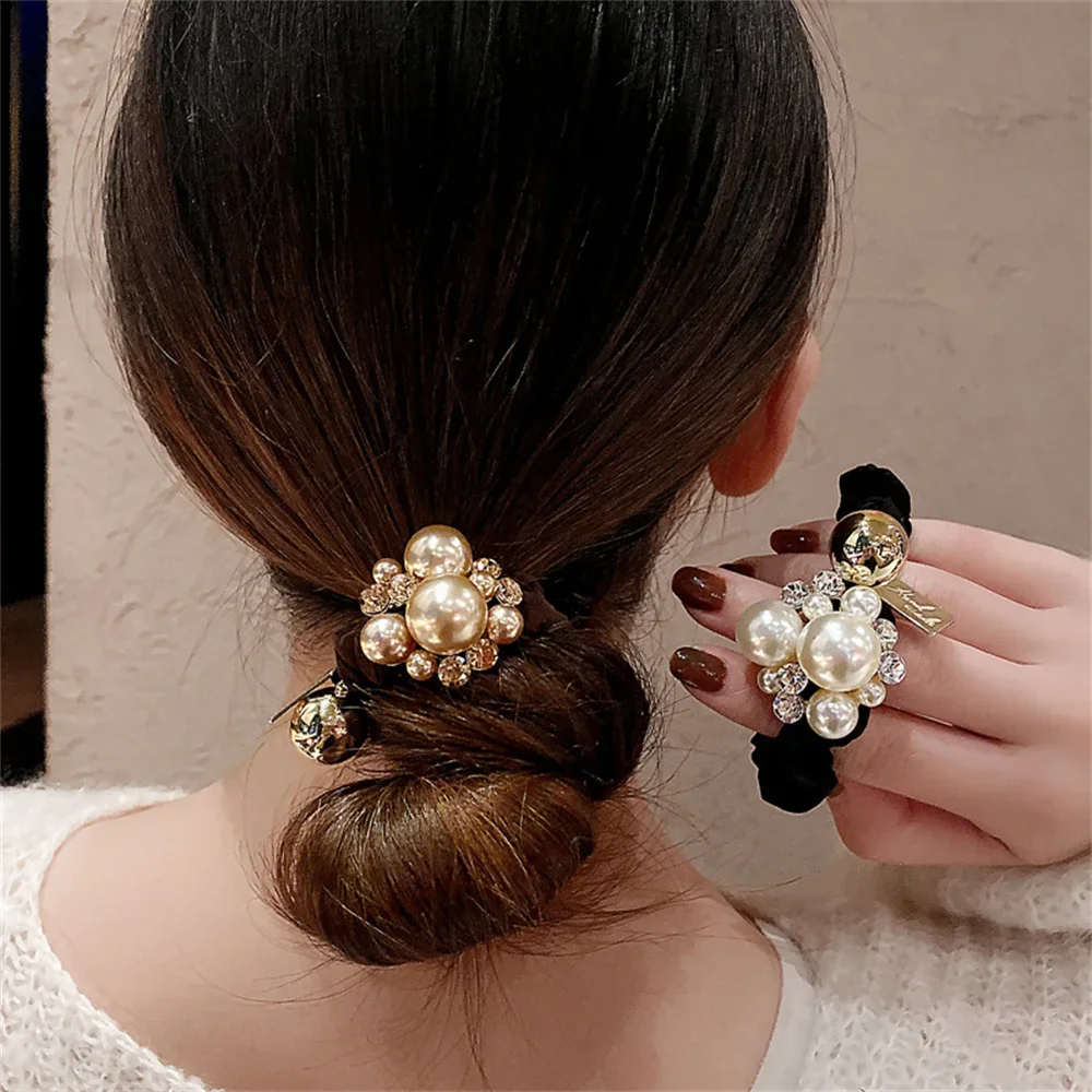 Head Flower Pearl Rhinester Hair Rope Round Ball Head Ring Wrinkled Intestine Ring Women Ponytail Rubber Band Fashion Scrunchies