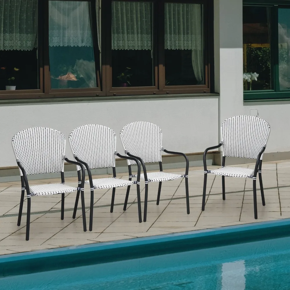

4 PCS Patio Rattan Dining Room Chairs Stackable Armrest No Assembly