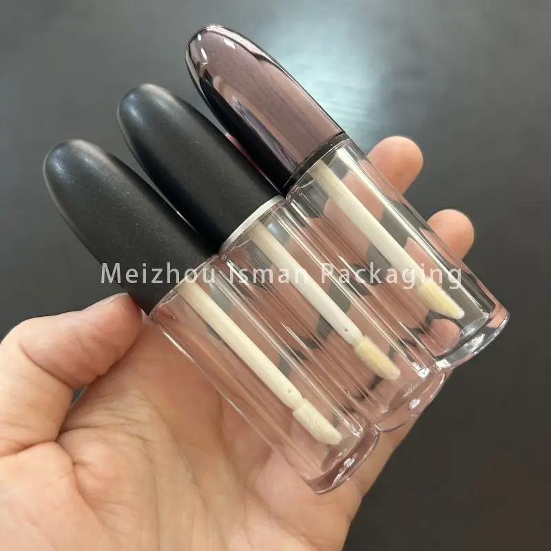 

50Pcs refillable 5ml unique brown black bullet shaped lip gloss packing clear liquid lipstick tube container with brush wands