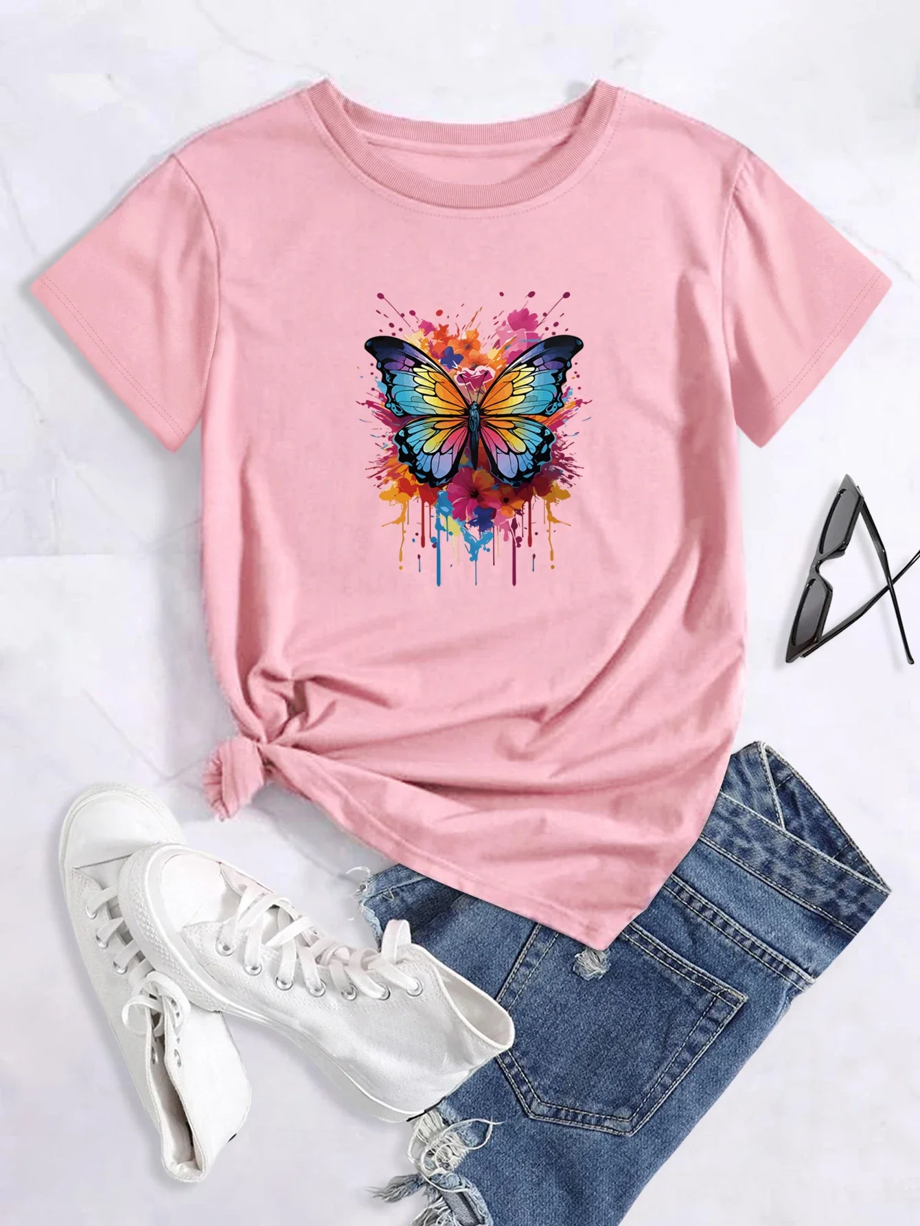 Crew Neck T Shirt Ombre Butterfly Print Women's Casual Loose Tops Short Sleeve Fashion Summer T-Shirts Women's Clothing