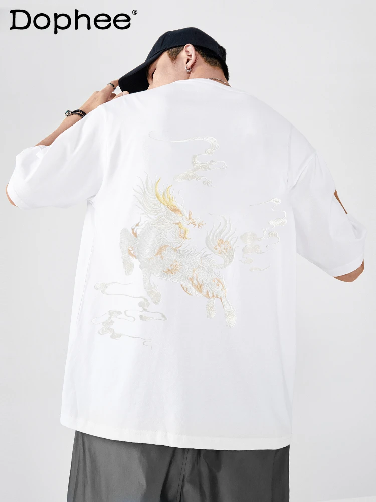 

Men's 2024 Summer New Chinese Style Embroidery T-shirts Men's Loose Over Size Cotton Half Sleeve Fashion Short-Sleeve T-shirt