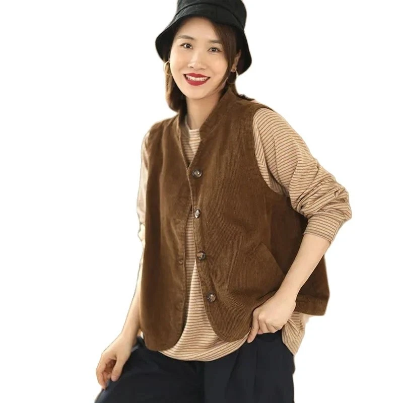 

Retro Fashion Women's Vest Waistcoat 2023 New Autumn Sleeveless Corduroy Jacket Stand Collar Single Breasted Casual Coat Tops