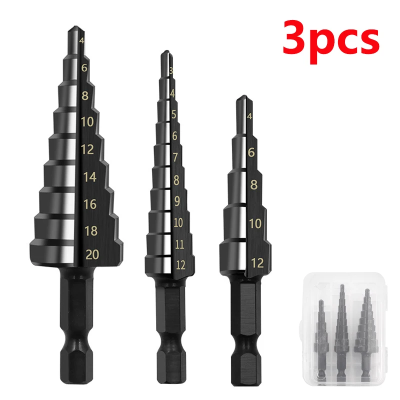 3 Stück 3–12 mm 4–12 mm 4–20 mm HSS-Stufenbohrer-Set mit gerader Nut, Titanbeschichtetes Holz, Metall, Lochschneider, Kernbohrer-Set – Detail 8