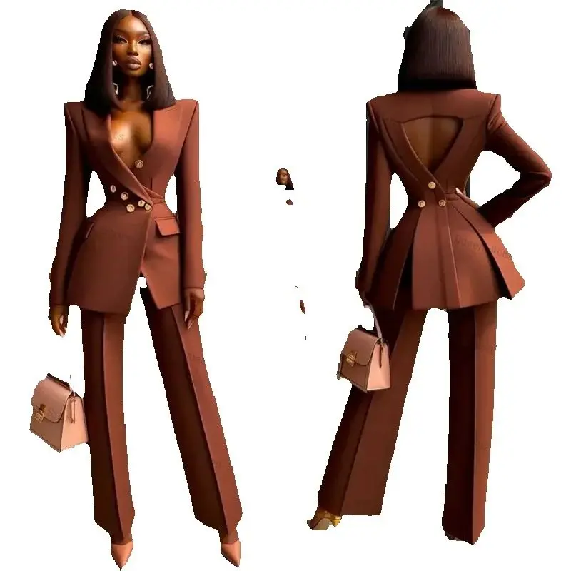 

Brown Women Suit Set 2 Piece Blazer Pants Trouser Sexy Hollow Formal Office Lady Jacket Cotton Wedding Bride Coat Customized