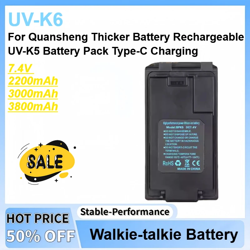 

New 7.4V 3000mAh/3800mAh For Quansheng UV-K6 Walkie Talkie Thicker Battery Rechargeable UV-K5 Battery Pack Type-C Charging