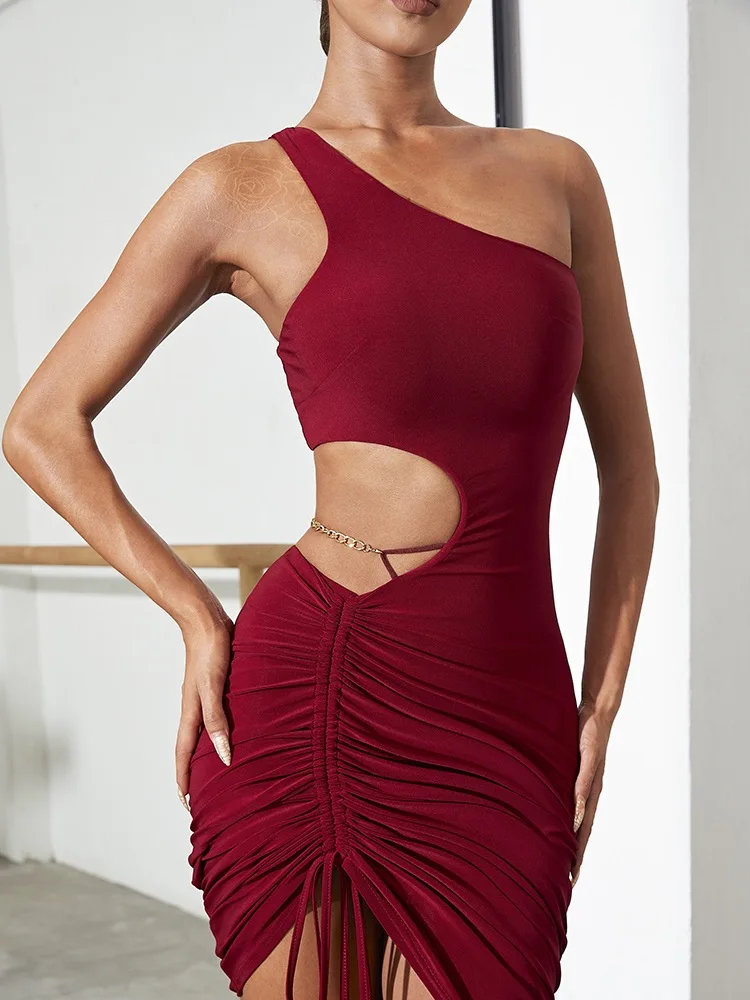 ZYMdancestyle Latest Latin Dancing Dress One Shoulder Design With Length Adjustable Strings Red Black Color Mova Dress #2239