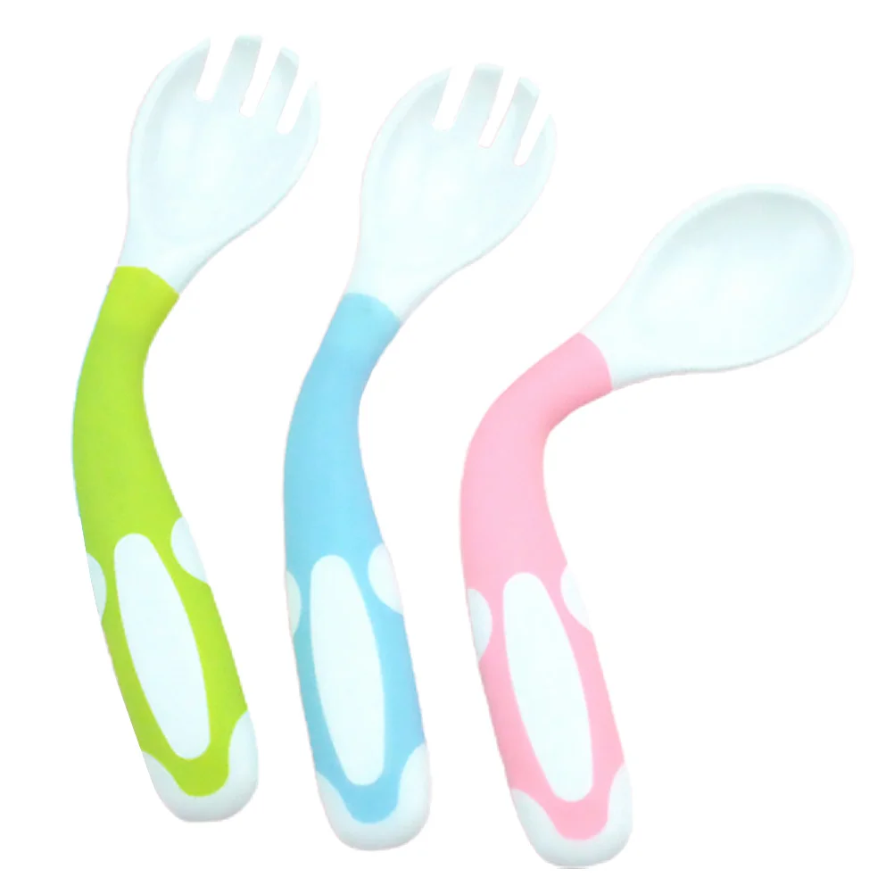 3 مجموعات من أدوات تغذية ملعقة الأطفال المميزة من مادة البولي بروبيلين، ممارسة السلامة - أدوات التغذية باللون الوردي والأخضر والأزرق