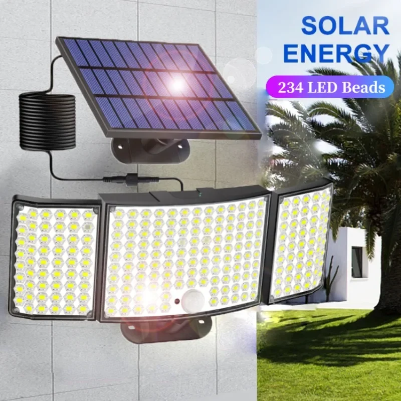 

234 LED Solar Light Outdoor Wall Lamp Motion Sensor Remote Control Waterproof FLSTAR FIRE Solar 3-headed Lights for Patio Garage