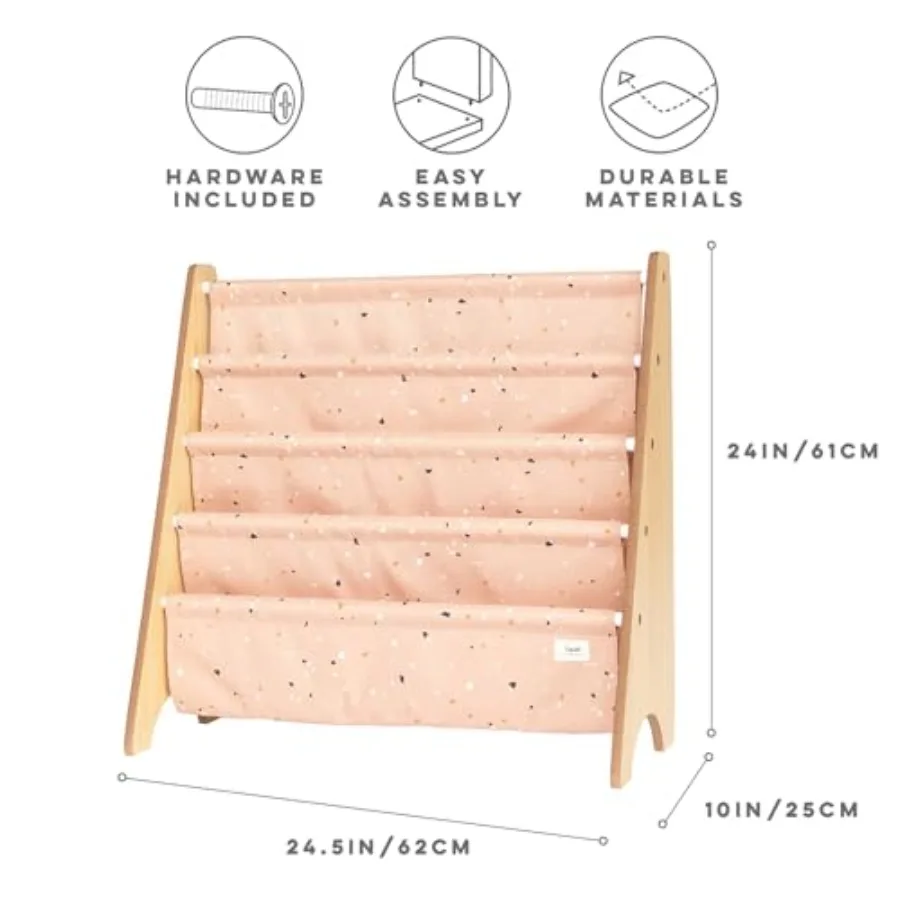 Recycled Fabric Bookshelf 4Tier Sling Book Rack Organizer for Nursery Room Playroom Classroom Wooden Book Shelves with KidFrien