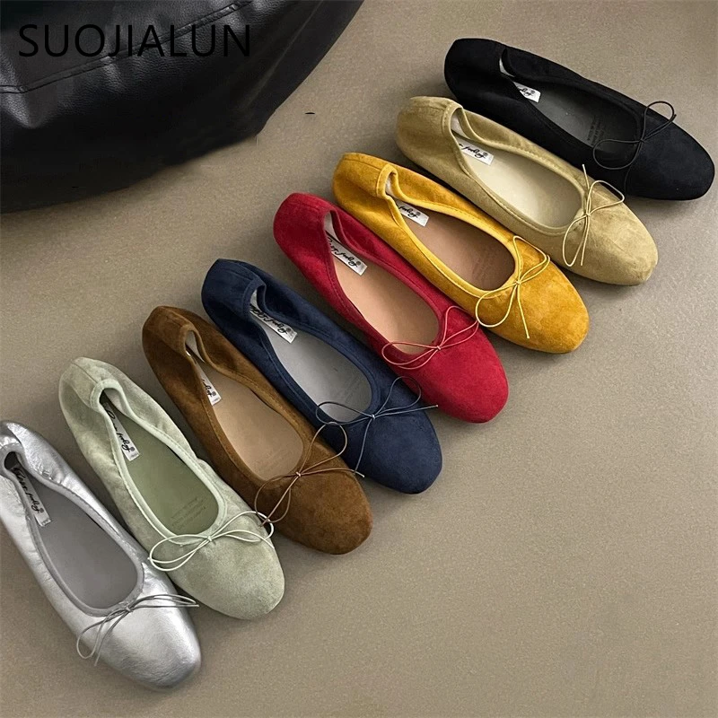 

SUOJIALUN 2025 Spring Candy Color Women Flat Shoes Fashion Round Toe Shallow Slip On Ballet Shoes Square Low Heel Boat Shoes
