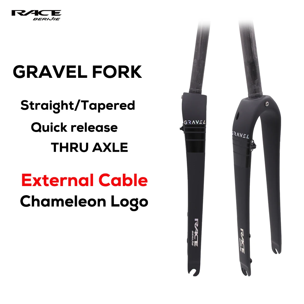 RACE T1000 Vollcarbon-Gravel-Vordergabel, Externe Kabelführung, Gerades/Konisches Rohr, Max. Reifengröße 700C X 45C, Steckachse 12x100mm oder Schnellspanner, Scheibenbremse