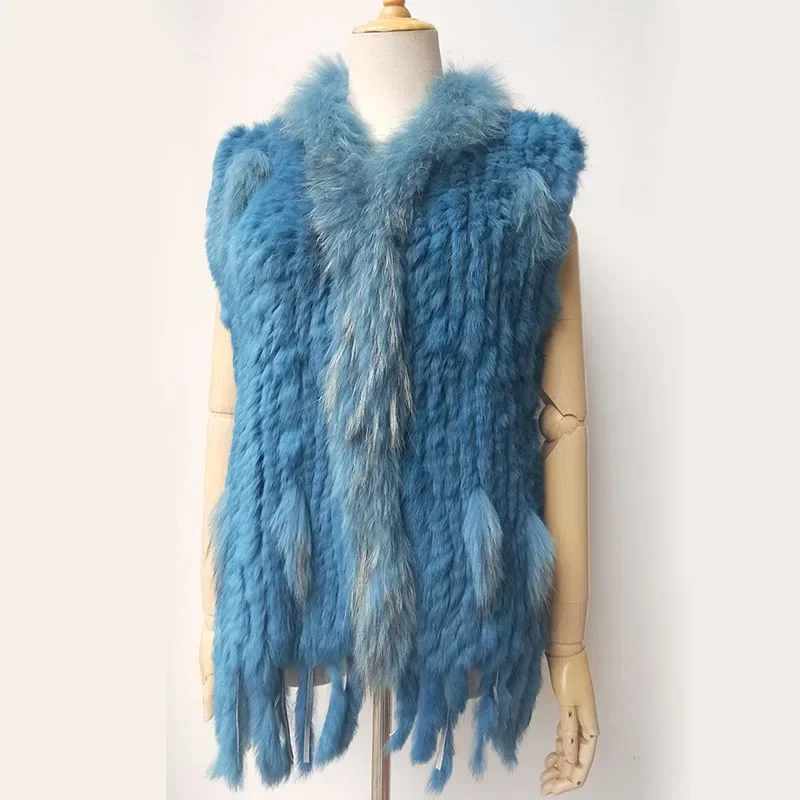 

Natural Real Rabbit Fur Knitted Vest With Tassel Genuine Fur Warm Sleeveless Women Fur Gilet With Real Raccoon