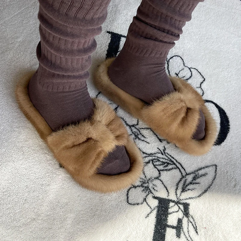 

Summer Mink Fur Slippers Women Indoor Furry Fur Slider Female Plush Flip Flops Flats Sandals Casual Fluffy Slippers House Shoes