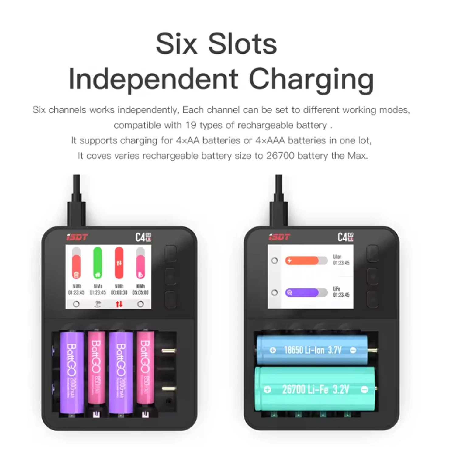 ISDT C4 EVO 5～12V Smart Battery Charger with 2.4-inch LCD Screen Six Slots Independent Charging for AA AAA Li-lon LiFe Battery