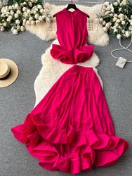 Summer Women Green/Rose Red/Beige/Black Two Piece Set Vintage Stand Collar Sleeveless Short Tops + Ruffle Hem Skirt Suit New