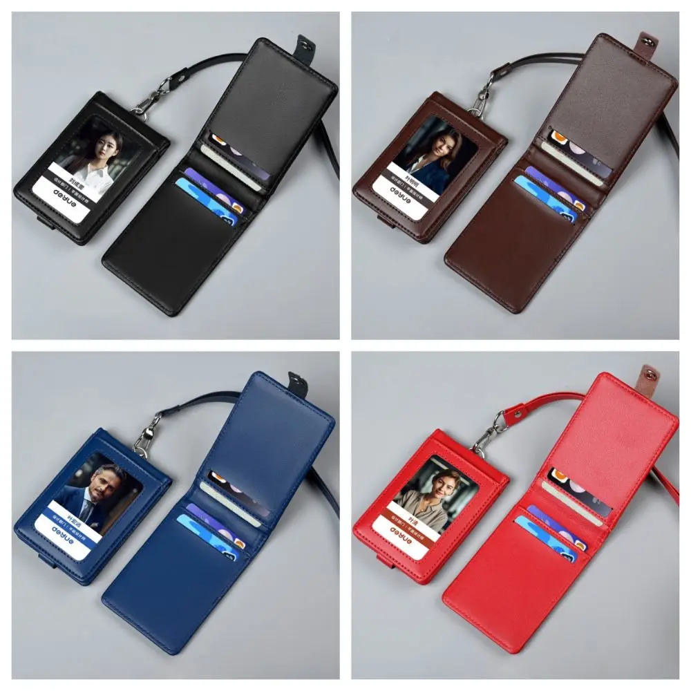 Leather ID Tag Badge Holder Protective Buckle Employee Pass Work Card Case Photocard with Lanyard Flip Chest Card Bag