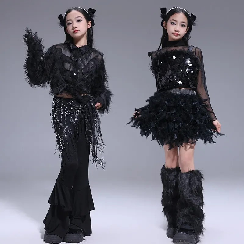 

Детская милая одежда в стиле хип-хоп, рубашка с черными перьями, укороченный топ, сетчатая футболка, расклешенные брюки, мини-юбка для девочек, костюмы для джазовых танцев, одежда