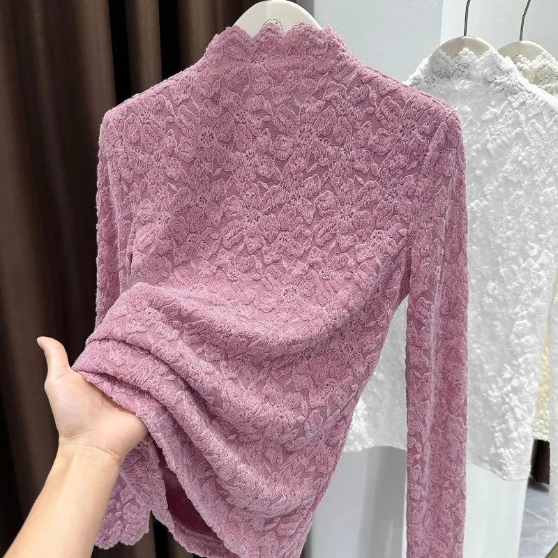 Women Half Turtleneck Floral Lace Top Autumn Winter Fleece Lined Warm Slim Long Sleeve Wearable Outer Undershirt
