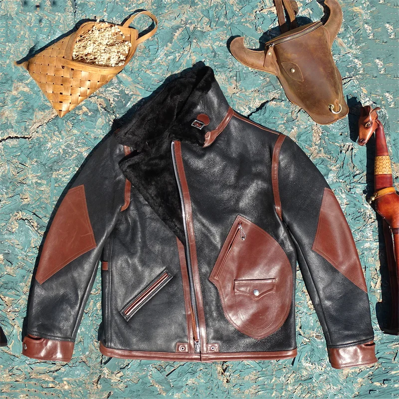 Genuine Leather Jacket Men's Fashion Urban Style Double Layer Collar Slim Fit Winter Coat Sheepskin And Cowhide Integrated