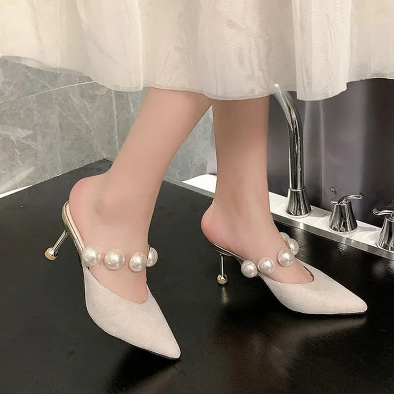 Pearl Black Sandals Women Summer Autumn Shoes Woman Thin Heels 2024 Ladies Outdoor High Heeled Mules Slippers