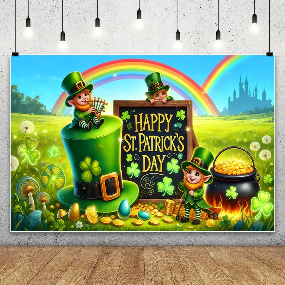 خلفية عيد القديس باتريك السعيد أيرلندا الربيع لاكي جرين شامروك قبعة قوس قزح عملة ذهبية للأطفال البالغين خلفية حفلة المهرجان #2