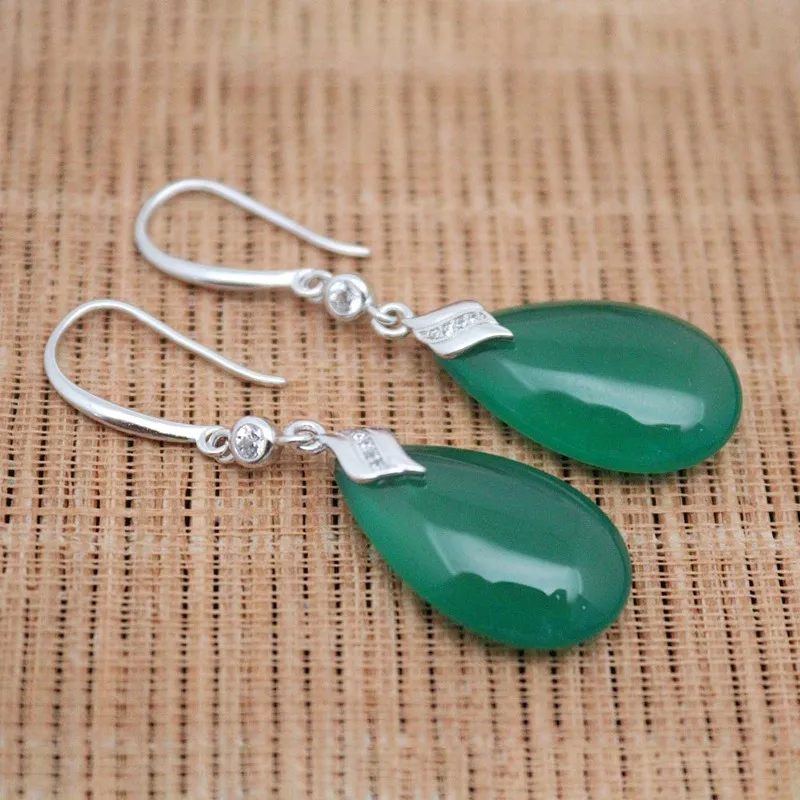 Real Solid 925 Sterling Silver Dangle Women Green Chalcedony Peach Tip Water Drop Earrings