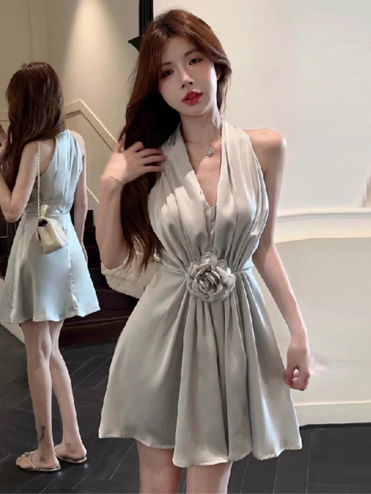 Topanoma Wedding Party Evening Dresses Women Sleeveless Halter Flowers Satin Slim Birthday Cocktail Mini Dress Banquet Elegant