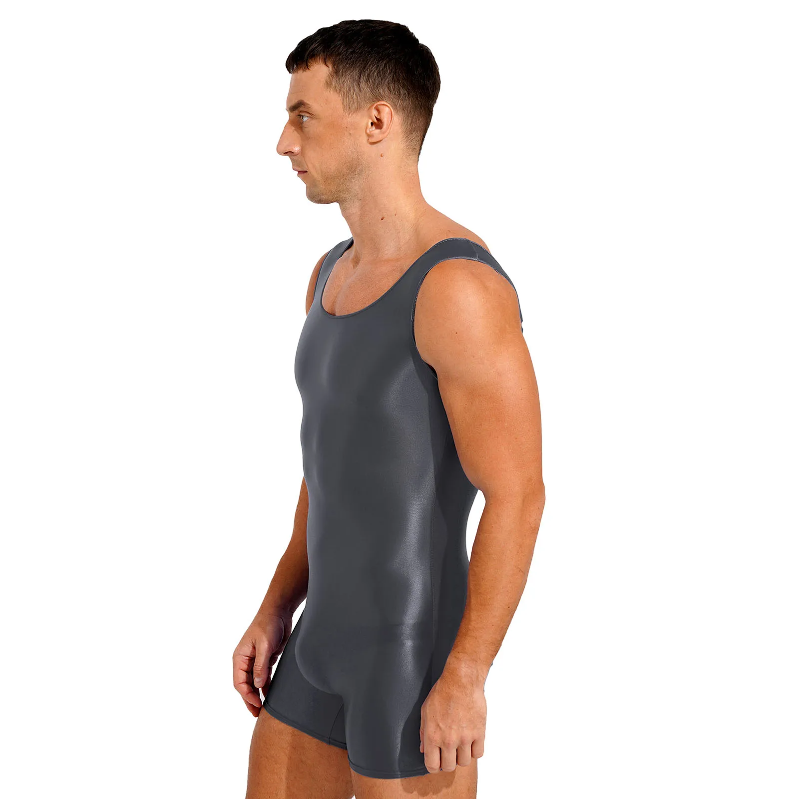 Swimwear Mens Glossy Stretchy Swimsuit One Piece Bodybuilding Gym Fitness Sleeveless U Neck Tank Leotard Swim Bodysuit Jumpsuit