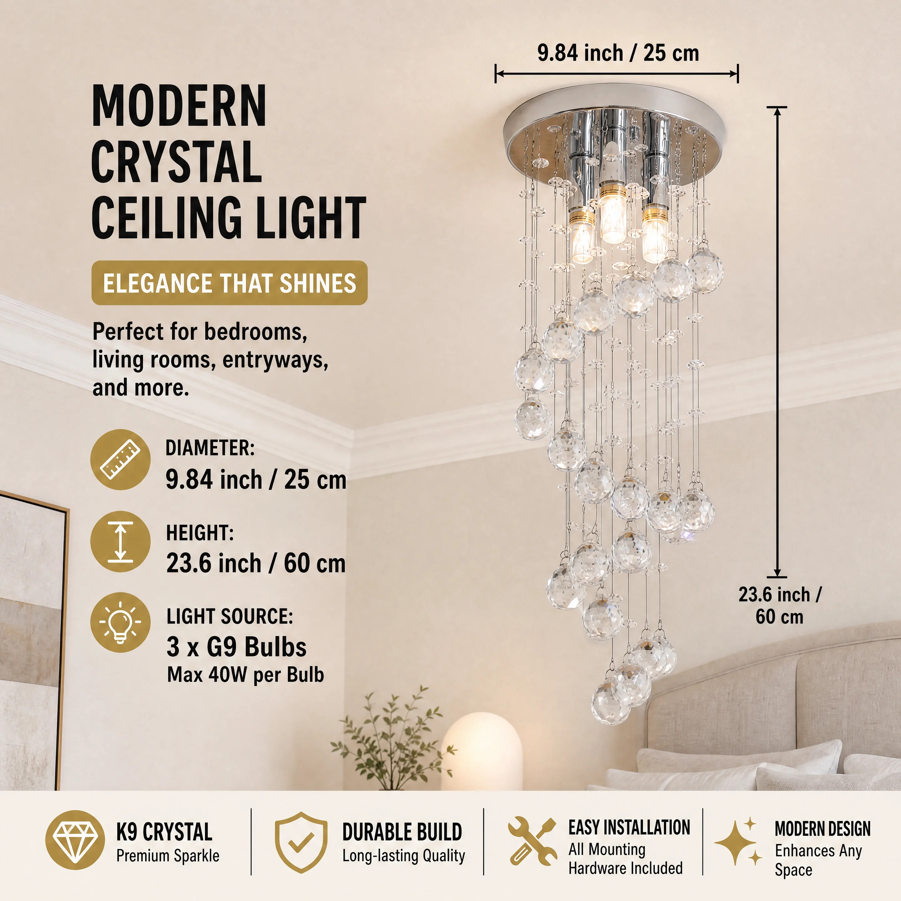 Modern Rain Drop K9 Crystal Chandelier Chrome Ceiling Pendant Light Fixture for Kitchen Island Stairway Hallway Home Decor