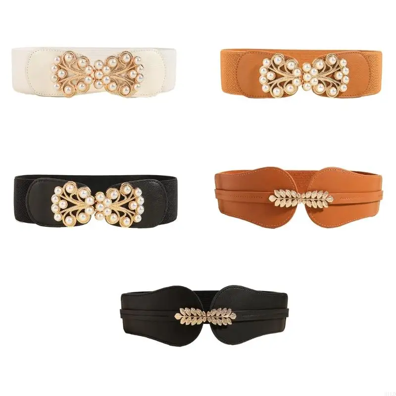 

31KD Hot Girl Belt Cowgirl Wide Waist Belt for Jeans Dresse Club Bar Foliage Pearls
