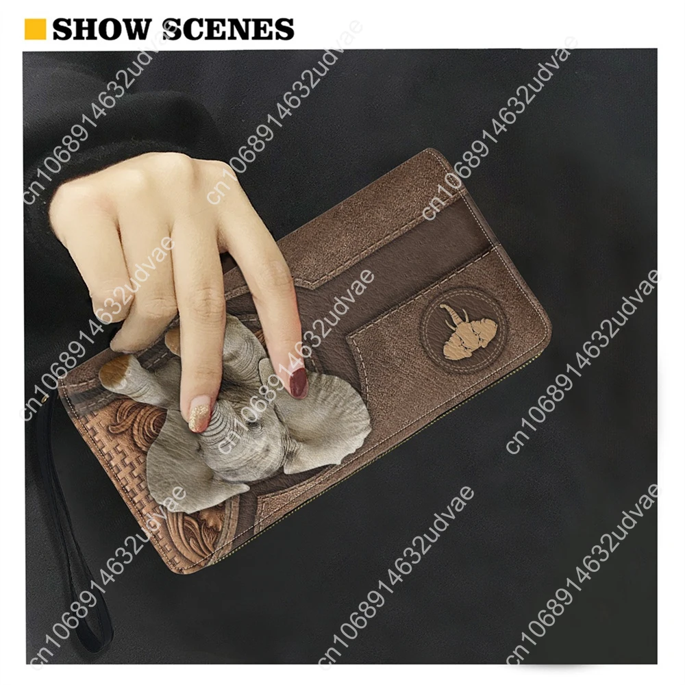 Designer Luxury PU Leather Purse with Zipper Cute Elephant Print Long Women Clutch WalletS Portable Female Card Holder Coin Bags